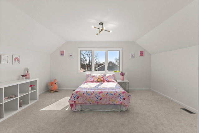 carpeted bedroom with an inviting chandelier, lofted ceiling, baseboards, and visible vents