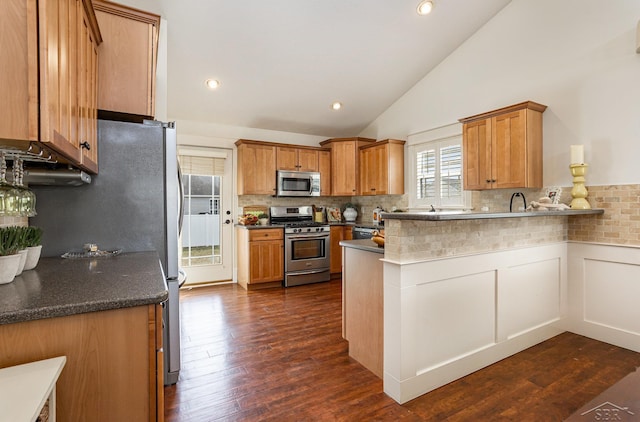 kitchen featuring stainless steel appliances, lofted ceiling, tasteful backsplash, dark wood-type flooring, and a peninsula