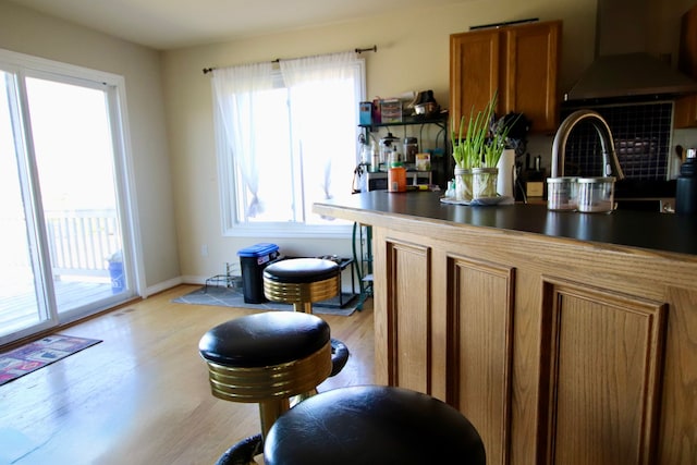 bar featuring a bar, light wood finished floors, baseboards, and under cabinet range hood