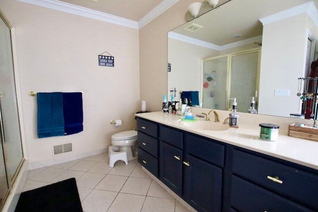 full bathroom with vanity, visible vents, a stall shower, ornamental molding, and tile patterned flooring