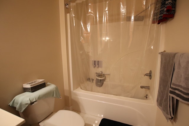 full bath featuring toilet and shower / tub combo with curtain