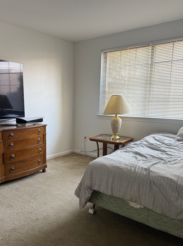 bedroom with light carpet, multiple windows, and baseboards