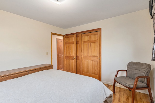 bedroom featuring light wood-type flooring, baseboards, and a closet