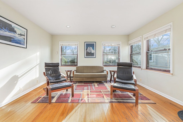 living area with wood-type flooring, baseboards, and a wealth of natural light