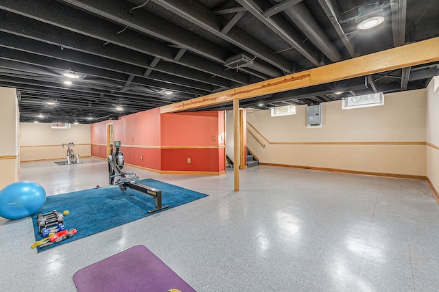 workout room featuring electric panel and baseboards