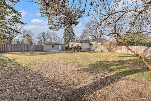 view of yard with an outdoor structure and a fenced backyard