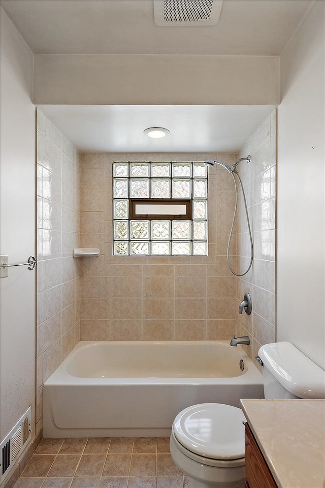 full bath with tile patterned floors, visible vents, toilet, and vanity