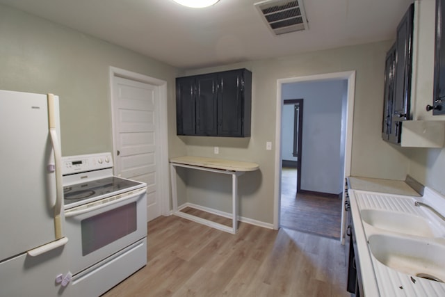 kitchen featuring white appliances, visible vents, dark cabinetry, light wood-style floors, and a sink