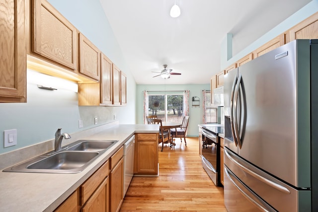 kitchen with stainless steel appliances, a sink, a ceiling fan, light wood-style floors, and light countertops