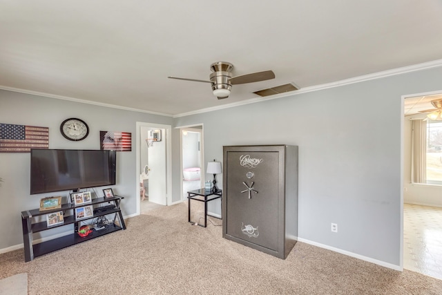 interior space featuring a ceiling fan, visible vents, ornamental molding, and carpet flooring