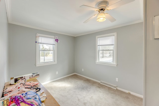 interior space with ornamental molding, carpet, visible vents, and baseboards