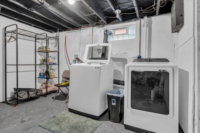 laundry room with electric panel, separate washer and dryer, and laundry area