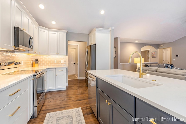 kitchen featuring a sink, white cabinets, open floor plan, appliances with stainless steel finishes, and dark wood-style floors