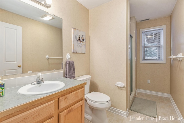 full bath featuring visible vents, toilet, an enclosed shower, vanity, and tile patterned floors