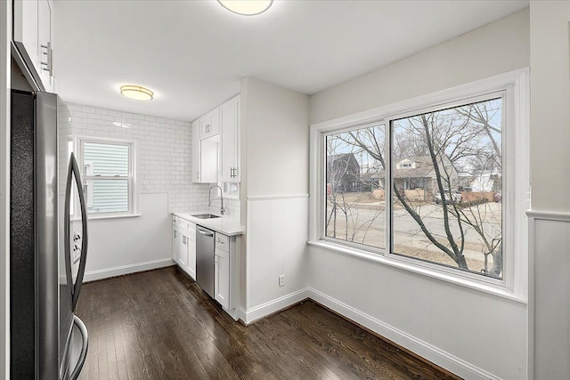 kitchen featuring dark wood-style floors, plenty of natural light, stainless steel appliances, and a sink