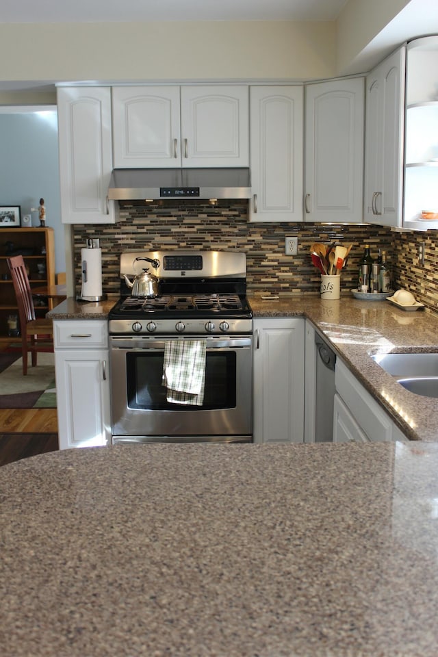 kitchen featuring under cabinet range hood, stainless steel appliances, tasteful backsplash, and white cabinetry