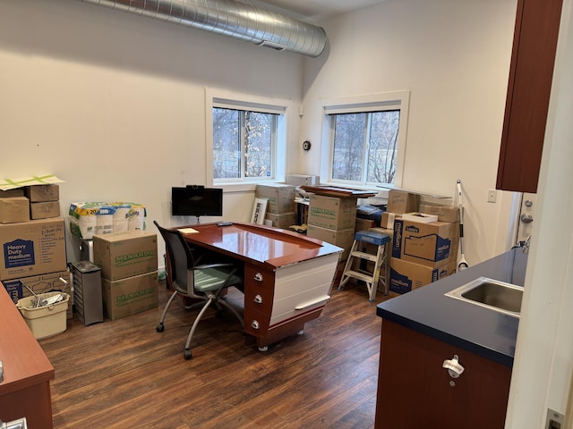 office area with dark wood-style floors