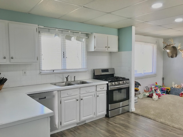 kitchen with wood finished floors, a sink, white cabinetry, appliances with stainless steel finishes, and plenty of natural light