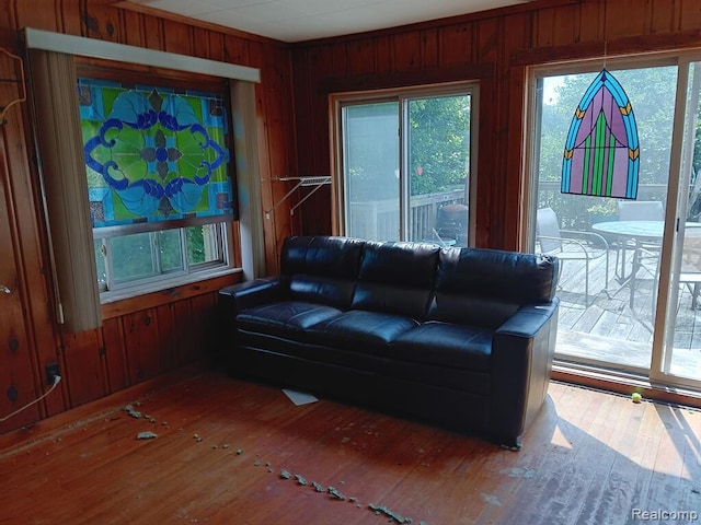 living room with wood walls and wood-type flooring