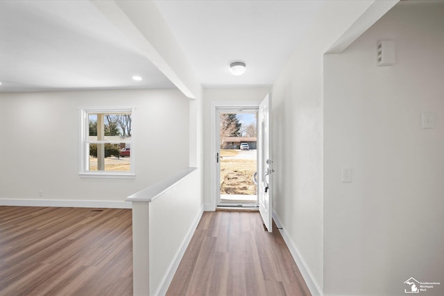 interior space with wood finished floors, a healthy amount of sunlight, and baseboards