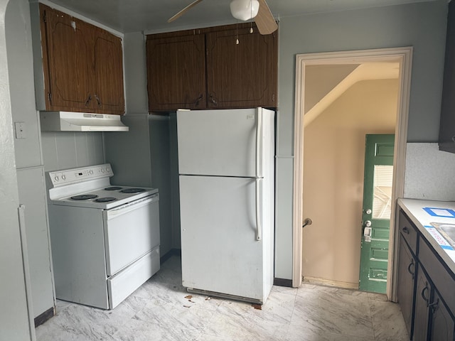 kitchen featuring white appliances, a ceiling fan, marble finish floor, light countertops, and under cabinet range hood