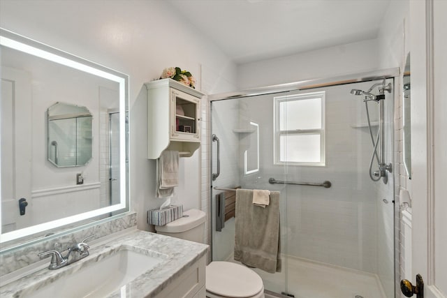 full bathroom featuring vanity, toilet, and a shower stall