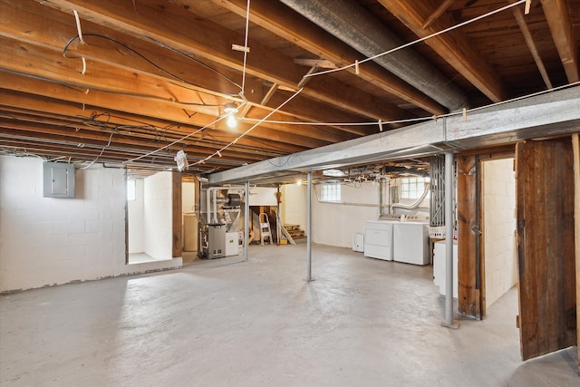 basement with washer and dryer, electric panel, and heating unit