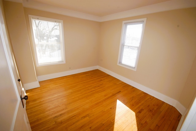 unfurnished room featuring light wood-type flooring, plenty of natural light, and baseboards