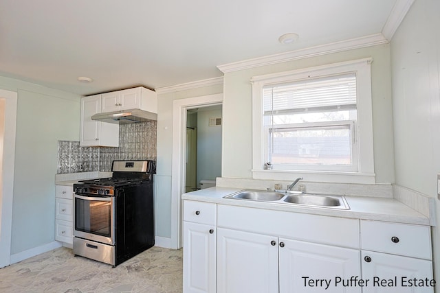 kitchen with visible vents, ornamental molding, stainless steel range with gas cooktop, and a sink