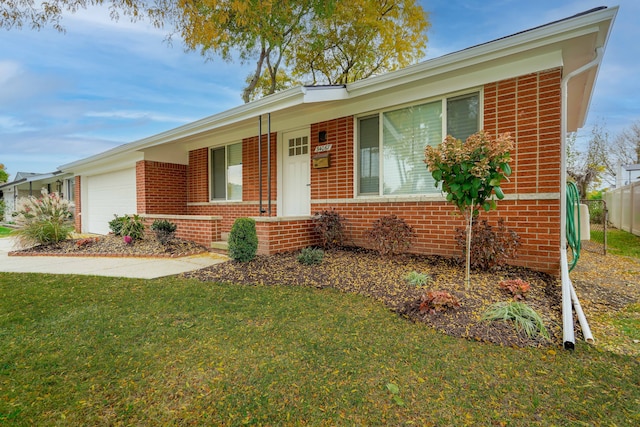 single story home featuring a front lawn, brick siding, a porch, and an attached garage