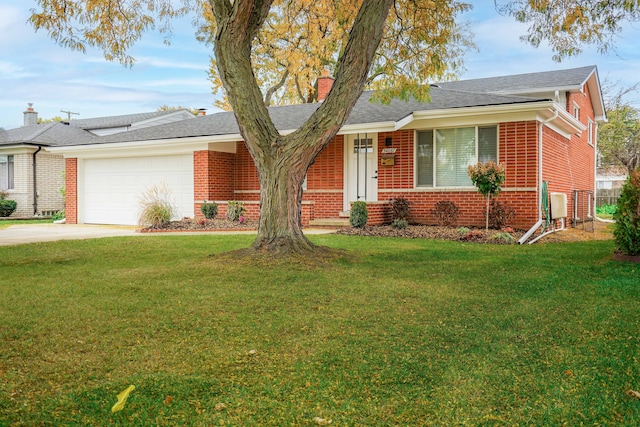 ranch-style home featuring brick siding, a chimney, and a front lawn