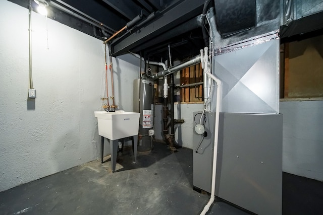 unfinished basement with gas water heater, a sink, and heating unit