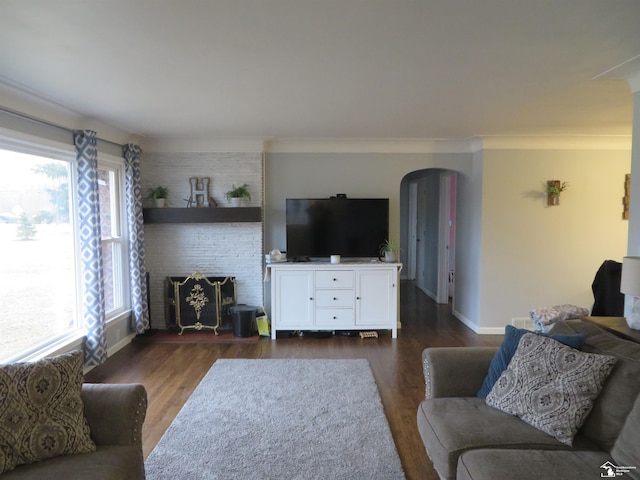 living area featuring a large fireplace, baseboards, arched walkways, dark wood finished floors, and ornamental molding