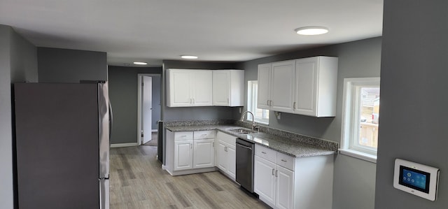 kitchen with appliances with stainless steel finishes, white cabinetry, a sink, and light wood finished floors