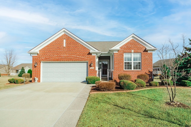 view of front of property featuring brick siding, driveway, an attached garage, and a front lawn