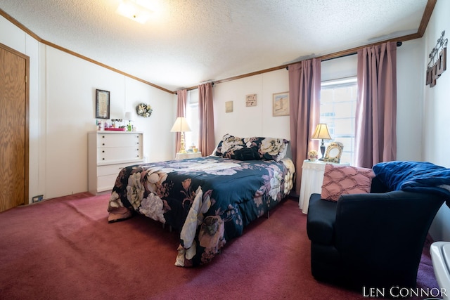 carpeted bedroom with lofted ceiling, crown molding, and a textured ceiling