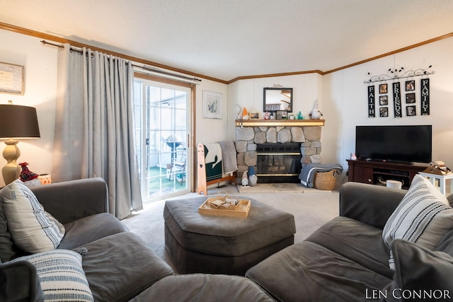 carpeted living area featuring a stone fireplace and crown molding