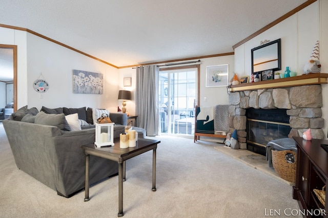 living room with vaulted ceiling, carpet floors, a stone fireplace, and crown molding