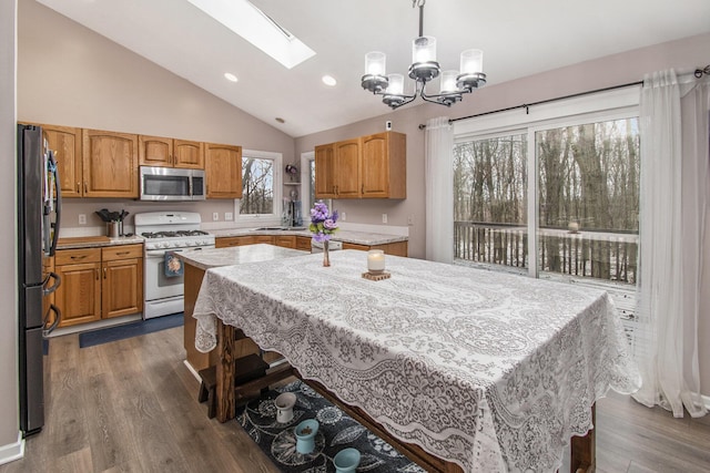 kitchen with vaulted ceiling with skylight, a kitchen island, stainless steel appliances, and dark wood finished floors