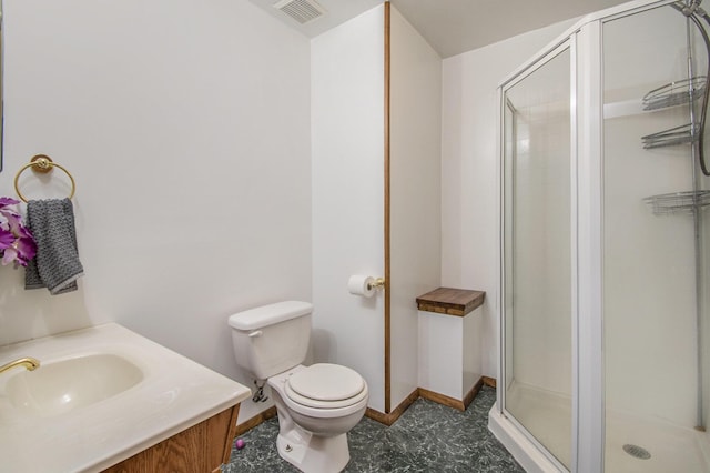 full bathroom with a stall shower, baseboards, visible vents, and toilet