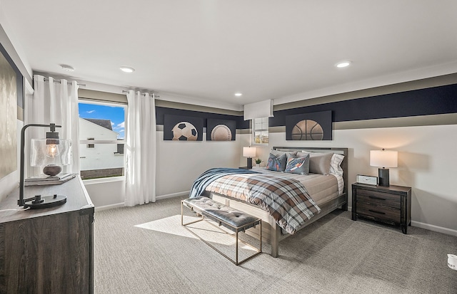 bedroom featuring carpet flooring, recessed lighting, and baseboards