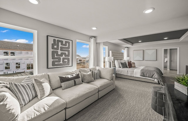 bedroom featuring recessed lighting and a tray ceiling