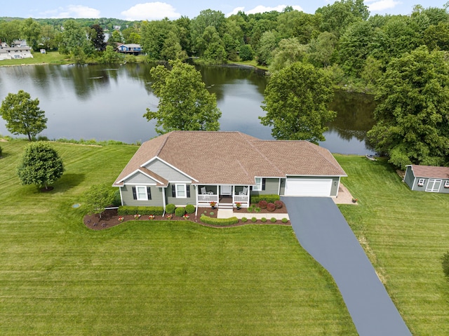 aerial view featuring a water view