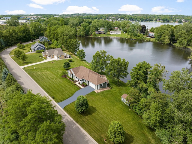 birds eye view of property featuring a water view