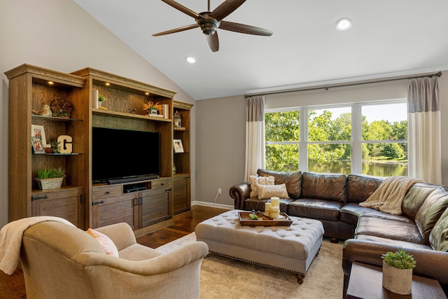 living area featuring a ceiling fan, dark wood finished floors, recessed lighting, baseboards, and vaulted ceiling