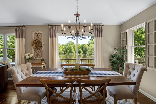 dining room featuring a notable chandelier, a healthy amount of sunlight, wood finished floors, and vaulted ceiling