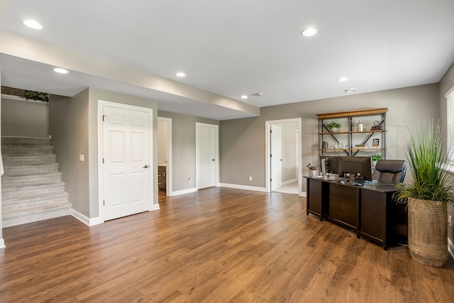 office area with recessed lighting and wood finished floors