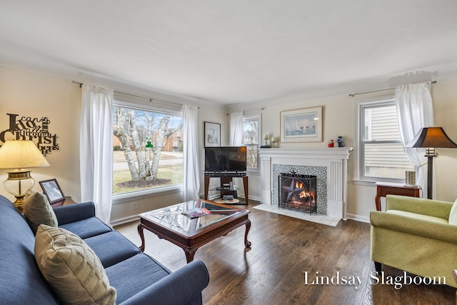 living area featuring plenty of natural light, baseboards, a tiled fireplace, and wood finished floors