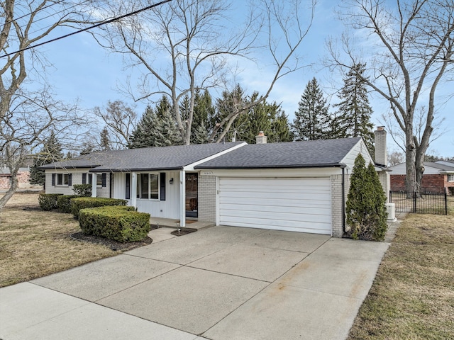 ranch-style house featuring brick siding, fence, concrete driveway, a chimney, and an attached garage