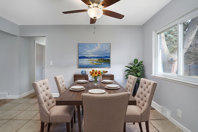 dining space with a ceiling fan, visible vents, and baseboards